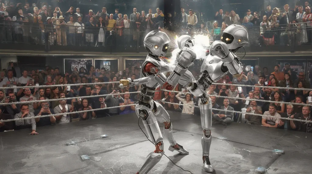 Extremely malicious robot boxing match with humanoid robotic fighters in a futuristic arena.