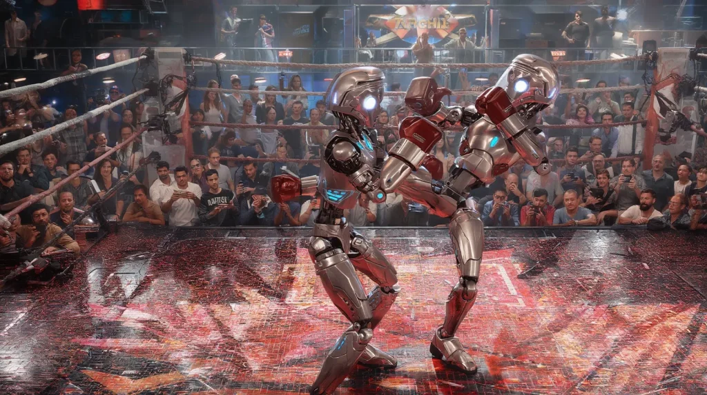 Futuristic fight featuring extremely malicious robotic boxers sparring aggressively.
