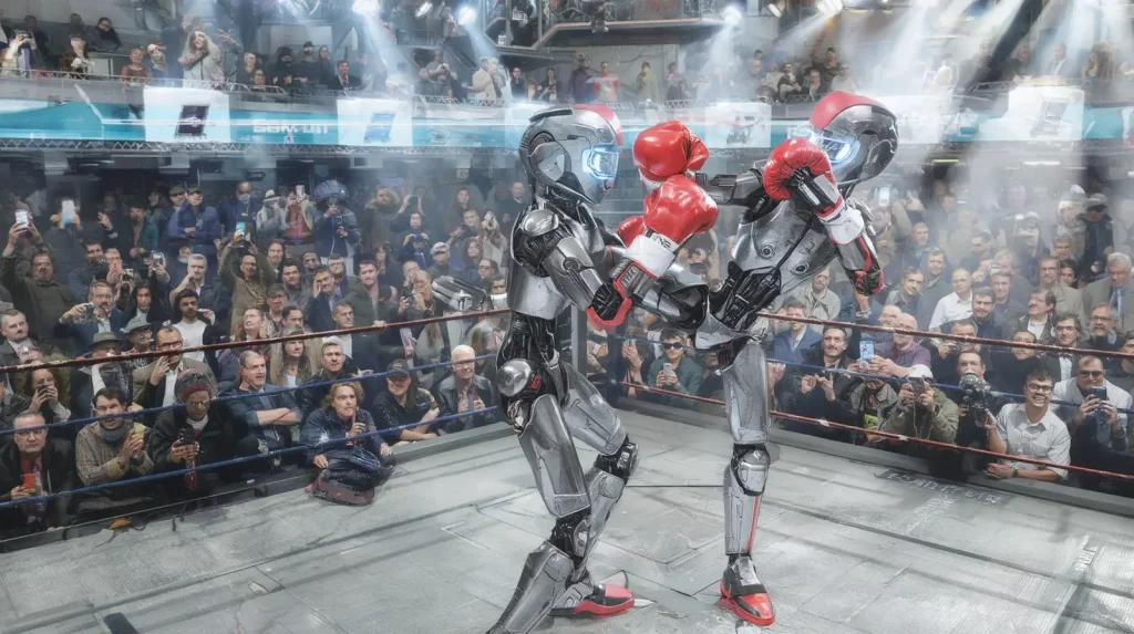 Extremely malicious robotic fighters engaged in an intense robot boxing battle with spectators